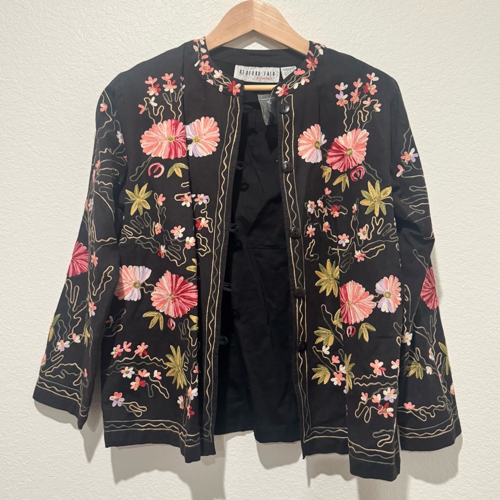 Bedford Fair Lifestyles Embroidered Floral Boho Jacket Black Cotton/Linen Blend